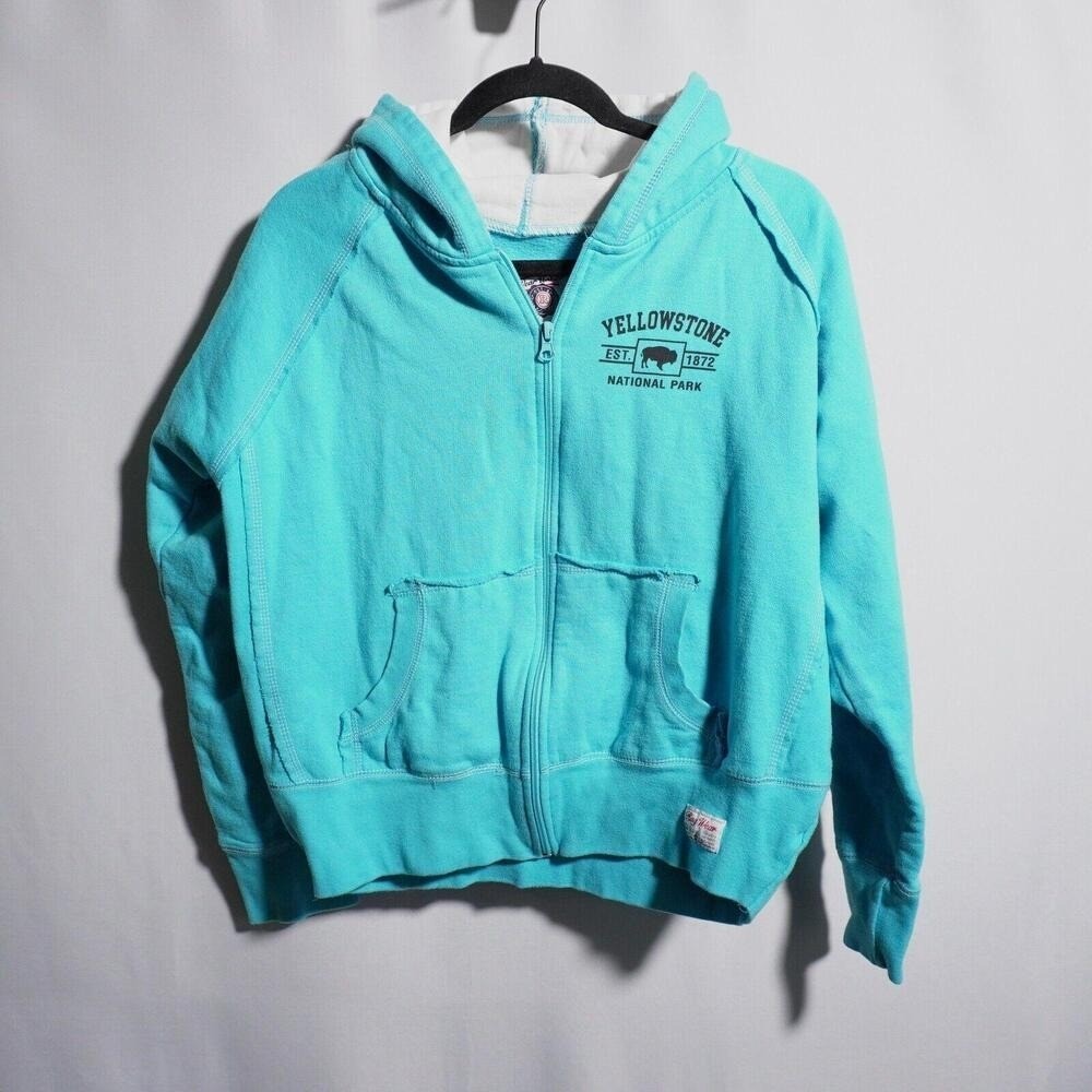 VTG 90s Y2K Blue Full Zip Hooded Jacket Yellowstone‎ Park Souvenir Womens Large